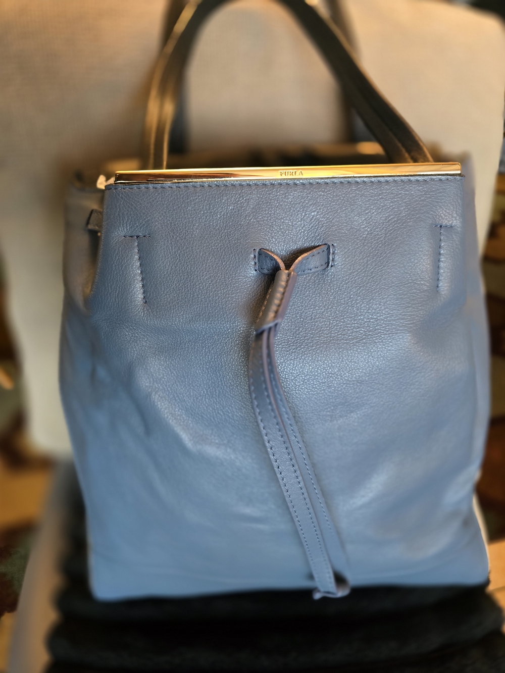 FURLA Leather Drawstring Tote Bag in Slate Blue